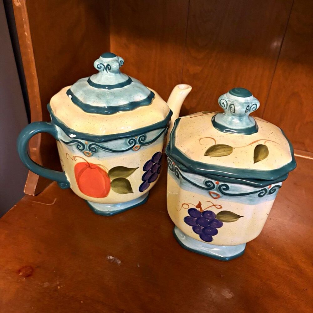 TableTops Unlimited Hand Painted Ceramic Creamer & Sugar Set w/Lids, 4pc